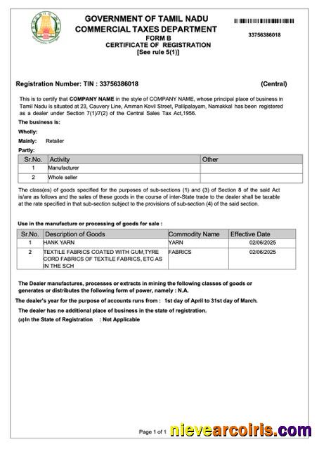 India Tamil Nadu certificate of registration